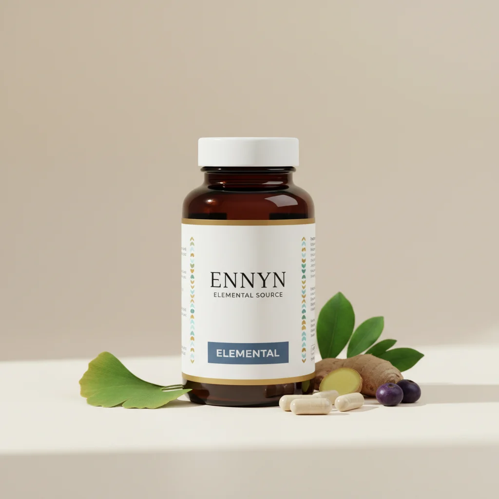 Ennyn Elemental Source vit plastflaska med vita kapslar och ingredienser bredvid